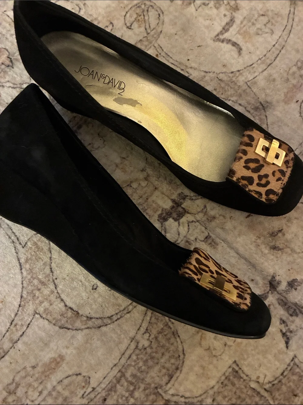 Joan & David Vintage Black Suede Wedge Pumps with Calf Hair Leopard Accent 8